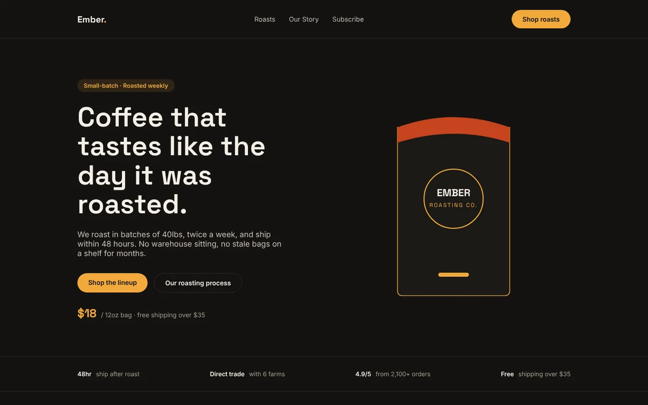 Homepage of the Ember Roasting Co. concept site